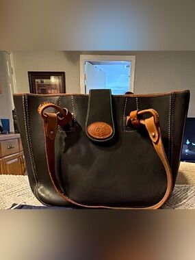 Dooney & Bourke Black Leather Briefcase with Brown Trim